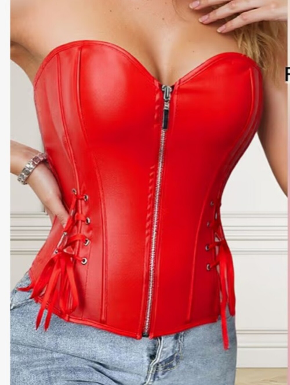 Red Faux Leather Front-Zip Corset Top Size Medium Nwot